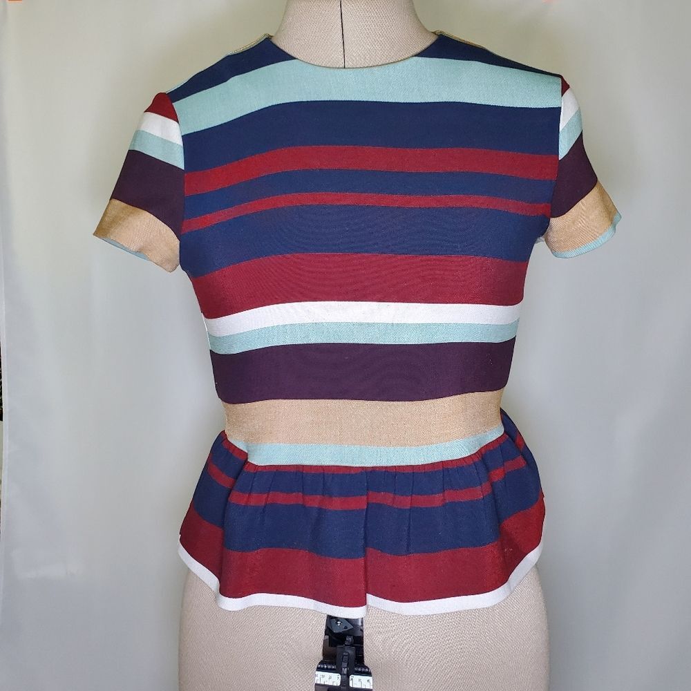 ZARA Top Women’s Blue Cream Burgundy Striped Peplum Flounce Short Sleeve